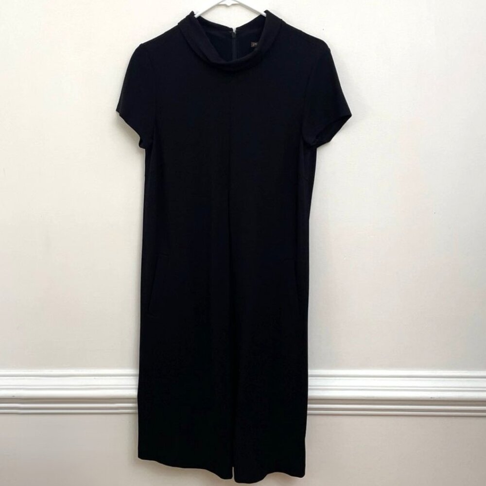 J McLaughlin Little Black Dress Size M LBD Shift Mock Neck Pockets Closet Staple